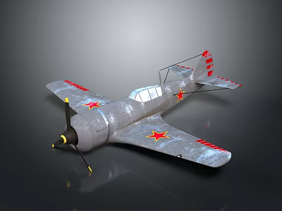 Silver Fighter Model Airplane With Red Star Symbols And Red Stripes 3d model