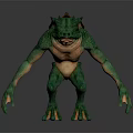 Green Reptilian Monster Creature In Standing Pose With Clawed Hands And Back Fin
