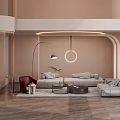 Modern Living Room Interior With Curved Architecture Gray Sofa Red Accent Chair And Floor Lamp