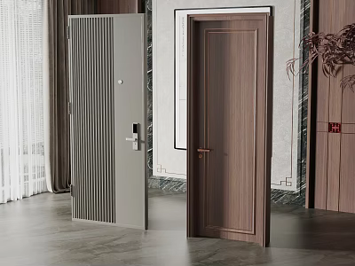 Modern Interior Featuring Sleek Gray Hinged Door And Wooden Brown Hinged Door Design 3d model