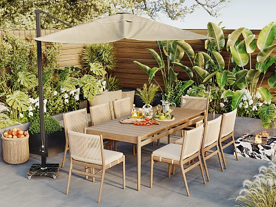 Outdoor Wooden Table and Chair Set with Umbrella Surrounded by Green Plants on Stone Patio 3d model