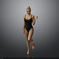 Blonde Woman In Black One Piece Swimsuit Standing Against Gray Background