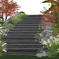 Scenic Stone Steps Lined With Red Leaf Trees And Lush Green Plants 3d model
