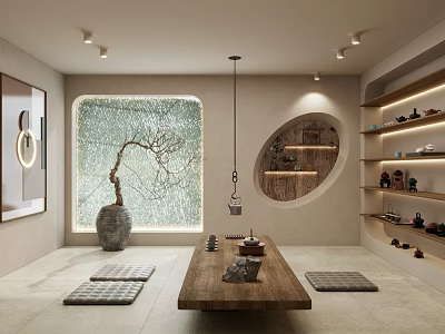 Serene Tea Room Interior With Wooden Tea Table Tatami Mats And Potted Tree 3d model