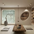 Serene Tea Room Interior With Wooden Tea Table Tatami Mats And Potted Tree