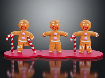 Three Gingerbread Men Figurines Holding Candy Canes On Red Bases Against Black Background 3d model