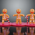 Three Gingerbread Men Figurines Holding Candy Canes On Red Bases Against Black Background