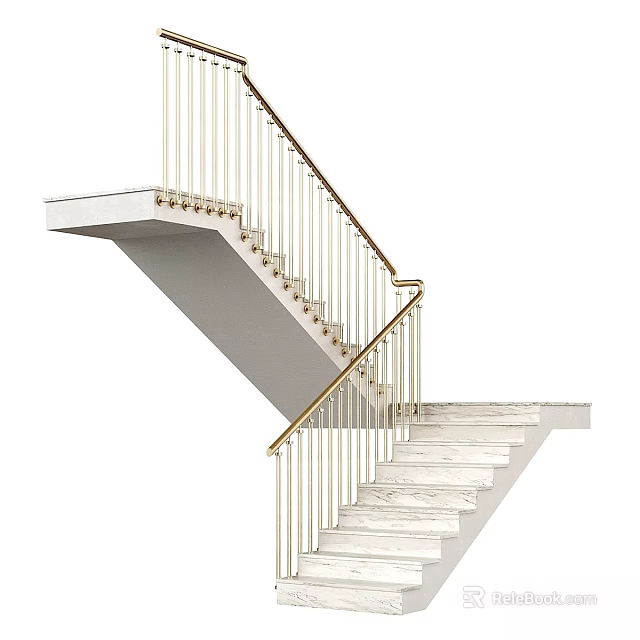 Minimalist Modern Floating Staircase With White Stone Steps And Golden Railings 3d model 