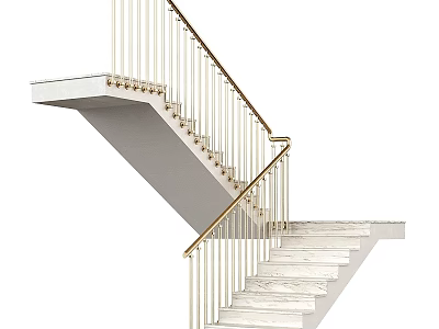 Minimalist Modern Floating Staircase With White Stone Steps And Golden Railings 3d model