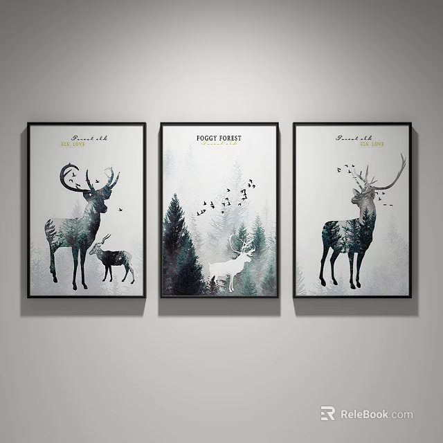 Nature Inspired Framed Wall Art with Deer Forest and Birds for Home Decor 3d model 