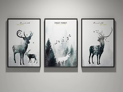 Nature Inspired Framed Wall Art with Deer Forest and Birds for Home Decor 3d model