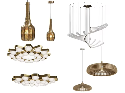 Various Modern Pendant Light Designs With Golden Glass And Curved Wooden Elements For Home Interior 3d model