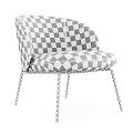 Beige Plush Accent Chair With Curved Backrest Black Metal Legs And Decorative Balls