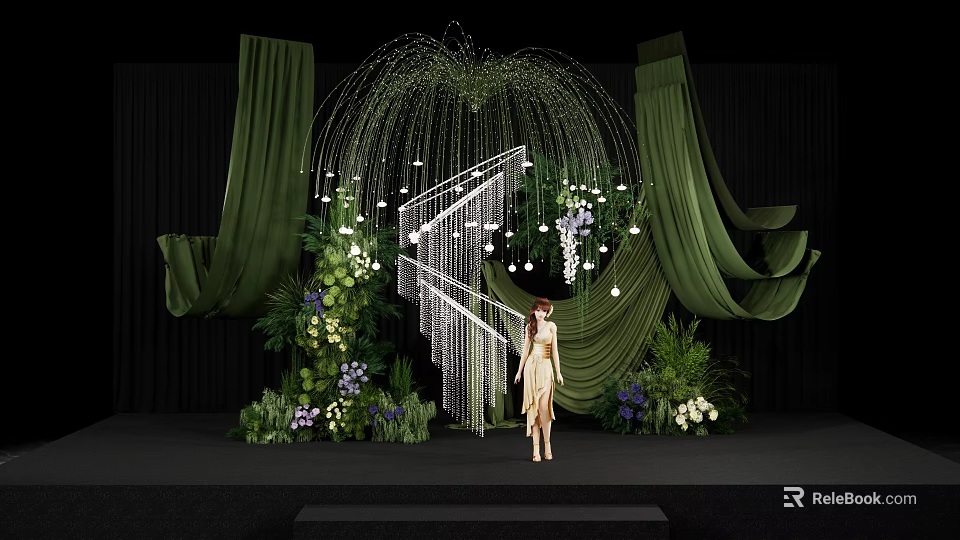 Green Themed Photo Spot With Hanging Decorations Staircase And Fresh Flowers 3d model 