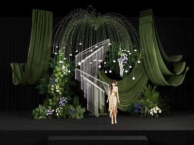 Green Themed Photo Spot With Hanging Decorations Staircase And Fresh Flowers 3d model