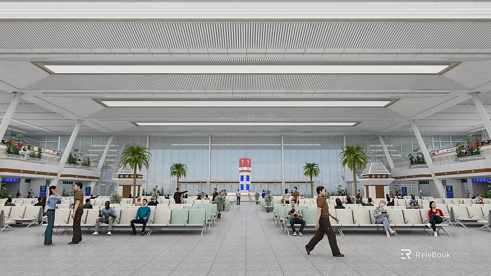 Spacious Station Hall with People Sitting Walking White Ceiling Large Windows Red Sign Palm Trees 3d model 