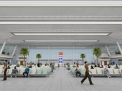 Spacious Station Hall with People Sitting Walking White Ceiling Large Windows Red Sign Palm Trees 3d model