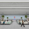 Spacious Station Hall with People Sitting Walking White Ceiling Large Windows Red Sign Palm Trees