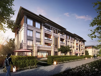 Modern Multi Story Residential Building With Balconies Greenery And Street Lamps 3d model