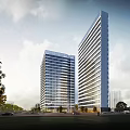 Modern Urban High Rise Buildings With Glass Facade And City Street View