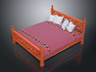 Wooden Bed with Carved Headboard Footboard Pink Mattress Floral Pattern and White Checkered Pillows 3d model