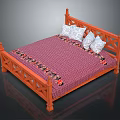 Wooden Bed with Carved Headboard Footboard Pink Mattress Floral Pattern and White Checkered Pillows