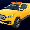 Yellow Engineering Rescue Pickup Truck With Red Warning Light And Reflective Strips