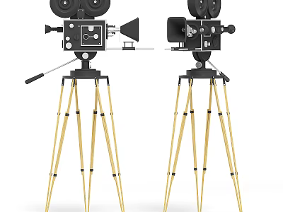Dual Vintage Digital Movie Cameras With Black Bodies And Golden Tripods 3d model