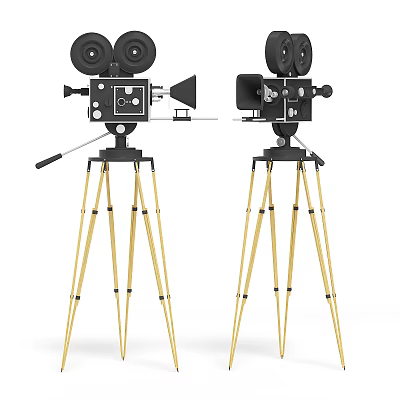 Dual Vintage Digital Movie Cameras With Black Bodies And Golden Tripods 3d model