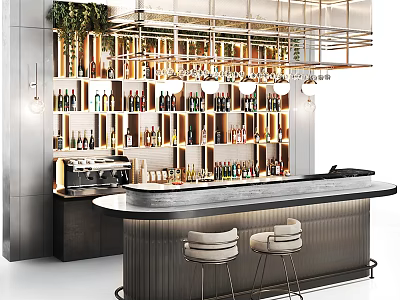 Modern Café Interior Featuring Stylish Bar Counter High Stools And Wine Shelves With Green Plants 3d model