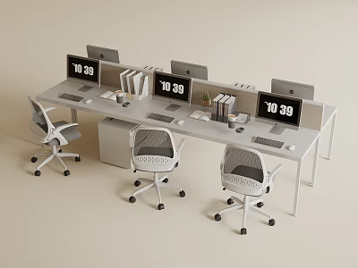 Modern Office Desk Setup with Computer Monitors Office Supplies and Ergonomic Chairs 3d model
