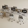 Modern Office Desk Setup with Computer Monitors Office Supplies and Ergonomic Chairs