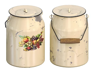 Vintage Ceramic Jars With Lids Hand Painted Fruit Designs Wooden Handles And Distressed Finish 3d model