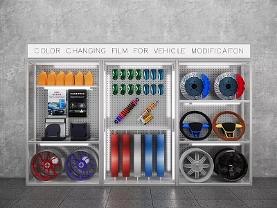 4S Store Display Vehicle Color Changing Film and Modification Accessories Including Wheels Steering Wheels 3d model