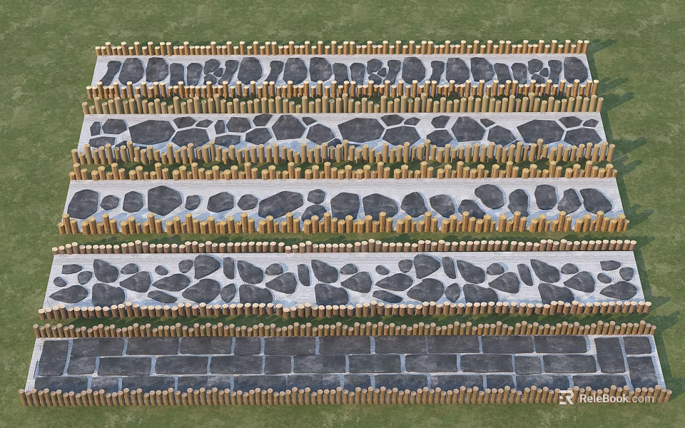 Outdoor Stone Path With Various Patterns Wooden Fence And Green Grass 3d model 