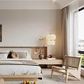 Modern Bedroom Interior With Rattan Wardrobe Wooden Bed Decorative Painting Pendant Light And Area Rug