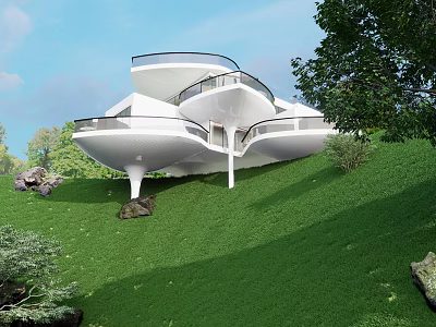 Modern Detached Villa with Curved Design and Balconies on Green Hillside 3d model