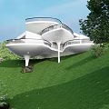 Modern Detached Villa with Curved Design and Balconies on Green Hillside