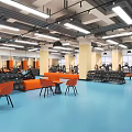 Spacious Gym Interior With Fitness Equipment Benches And Ceiling Lights