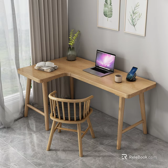 Wooden L Shaped Desk and Chair for Home Office Workspace with Natural Light Laptop Books 3d model 