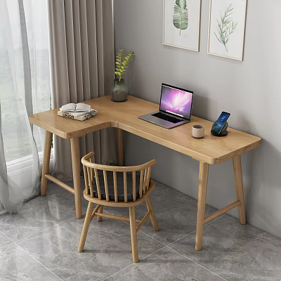 Wooden L Shaped Desk and Chair for Home Office Workspace with Natural Light Laptop Books 3d model