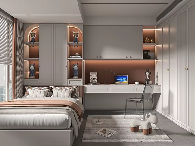 Modern Tatami Bedroom With Tatami Bed Built in Wardrobe Desk And Decorative Shelves 3d model