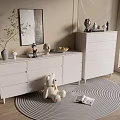 Modern Entryway Interior With White Console And Side Cabinets Round Textured Rug And Wall Art
