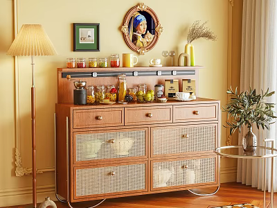 Wooden Sideboard With Rattan Doors Drawers Glass Jars Decor Floor Lamp And Potted Plant 3d model