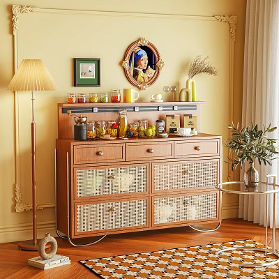 Wooden Sideboard With Rattan Doors Drawers Glass Jars Decor Floor Lamp And Potted Plant 3d model
