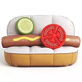 Unusual Sofa with Hot Dog Shaped Design Brown and White Upholstery Cucumber and Tomato Cushions