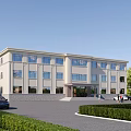 Modern Office Building Exterior With Large Windows Landscaped Gardens And Parking Area