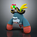 Pirate Themed Game Movie Cartoon Character with Skull Hat Colorful Feathers Blue Body Red Limbs