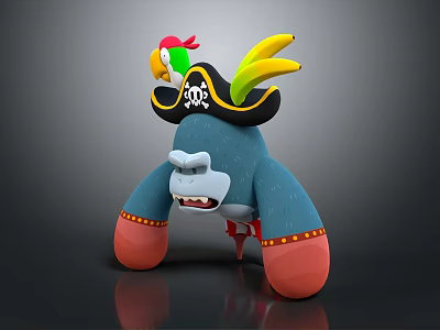 Pirate Themed Game Movie Cartoon Character with Skull Hat Colorful Feathers Blue Body Red Limbs 3d model