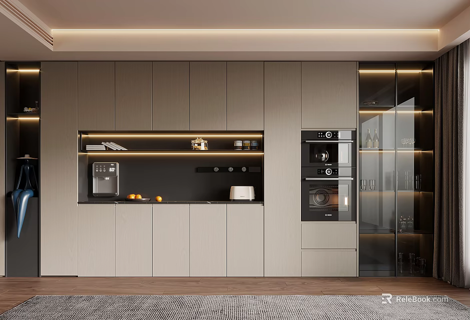 Modern Kitchen Interior With Grey Cabinets Black Countertop Glass Door Cabinets And Appliances 3d model 
